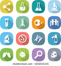 flat vector icon set - molecule vector, round flask, microscope, vial, dna modify, artificial insemination, test, microbe, chromosomes, potion bottle, lungs, virus, viruses, microb