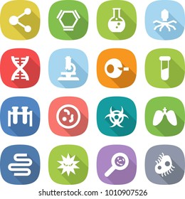 flat vector icon set - molecule vector, hex, round flask, virus, dna, microscope, artificial insemination, test vial, microbe, biohazard, lungs, intestines, viruses, microb