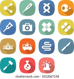 flat vector icon set - molecule vector, medical thermometer, dna, artificial insemination, crutch, doctor case, patch, pill, hospital, ambulance car, intestines, scalpel, doctors hammer, chemical