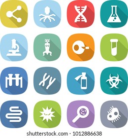 flat vector icon set - molecule vector, virus, dna, flask, microscope, modify, artificial insemination, test vial, chromosomes, potion bottle, biohazard, intestines, viruses, microb