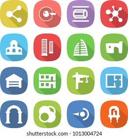 flat vector icon set - molecule vector, cell corection, nano tube, virus, mansion, skyscrapers, skyscraper, slum, garage, modular house, tower crane, plan, arch, atom core, photon, led