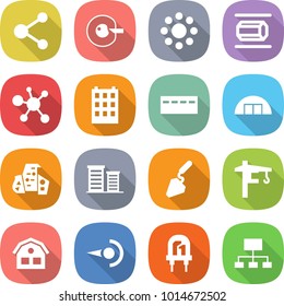 flat vector icon set - molecule vector, cell corection, round around, nano tube, virus, building, bunker, hangare, modern architecture, district, construction, tower crane, house, photon, led