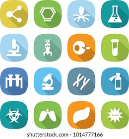 flat vector icon set - molecule vector, hex, virus, flask, microscope, dna modify, artificial insemination, test vial, chromosomes, potion bottle, biohazard, lungs, liver