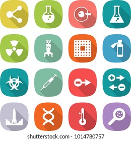 flat vector icon set - molecule vector, round flask, cell corection, nuclear, dna modify, cpu, potion bottle, biohazard, syringe, electron, charge particle, rocket start, thermometer, viruses