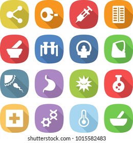 flat vector icon set - molecule vector, artificial insemination, syringe, pills blister, mortar, test vial, tomography, broken hand, sperm, stomach, virus, chemical, first aid, dna edit, thermometer