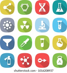 flat vector icon set - molecule vector, hex, dna, flask, round around, nuclear, microscope, vial, funnel, pipette, test, potion bottle, virus, electron, fertilizer