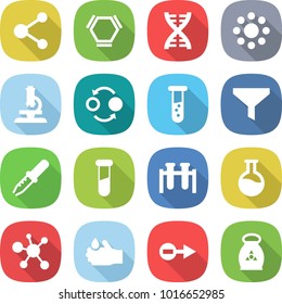 flat vector icon set - molecule vector, hex, dna, round around, microscope, quantum bond, vial, funnel, pipette, test, flask, virus, acid, electron, fertilizer