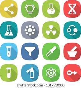 flat vector icon set - molecule vector, hex, round flask, dna, around, nuclear, quantum bond, vial, funnel, pipette, mortar, test, potion bottle, atom, electron