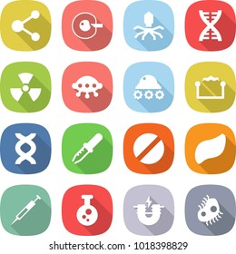flat vector icon set - molecule vector, cell corection, virus, dna, nuclear, ufo, lunar rover, electrostatic, pipette, pill, liver, syringe, chemical, electric magnet, microb
