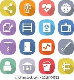 flat vector icon set - molecule vector, antenna, heart pulse, bandaged head, inventory, rack, passport, tv, corkscrew, door, analytics, big fork, toaster, warehouse, foam bucket