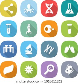 flat vector icon set - molecule vector, virus, dna, flask, vial, modify, artificial insemination, test, microscope, chromosomes, lungs, liver, viruses, microb