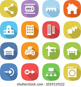 flat vector icon set - molecule vector, nano tube, bridge, home, mansion, building, skyscrapers, houses, garage, modern architecture, tower crane, photon, electron, hierarchy, washing machine