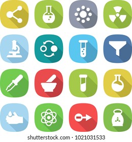 flat vector icon set - molecule vector, round flask, around, nuclear, microscope, quantum bond, vial, funnel, pipette, mortar, test, acid, atom, electron, fertilizer
