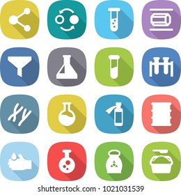 flat vector icon set - molecule vector, quantum bond, vial, nano tube, funnel, flask, test, chromosomes, potion bottle, barrel, acid, chemical, fertilizer, washing powder