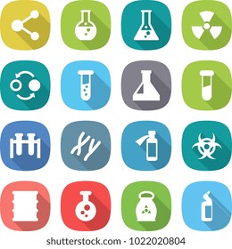 flat vector icon set - molecule vector, round flask, nuclear, quantum bond, vial, test, chromosomes, potion bottle, biohazard, barrel, chemical, fertilizer, toilet cleanser