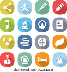 flat vector icon set - molecule vector, virus, medical thermometer, syringe, test vial, microscope, tomography, anamnesis, kidneys, intestines, brain, liver, doctor, alarm, bed, siren