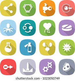 flat vector icon set - molecule vector, hex, satellite, cell correction, virus, quantum bond, cardio chip, pill, flask, potion bottle, kidneys, electron, rocket start, dna edit, microbe