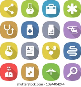flat vector icon set - molecule vector, round flask, doctor bag, ambulance star, stethoscope, pills bottle, helicopter, anamnesis, kidneys, intestines, roentgen, sign, viruses