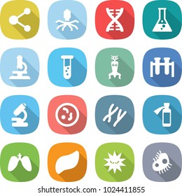 flat vector icon set - molecule vector, virus, dna, flask, microscope, vial, modify, test, microbe, chromosomes, potion bottle, lungs, liver, microb