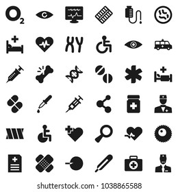 Flat vector icon set - molecule vector, heart cross, first aid kit, oxygen, ambulance star, disabled, pulse, doctor, thermometer, eye, dna, magnifier, insemination, syringe, dropper, broken bone
