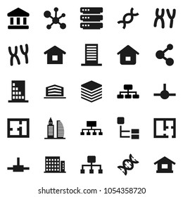 Flat vector icon set - molecule vector, bank, hierarchy, dna, chromosomes, connect, big data, plan, apartments, office building, home