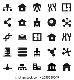 Flat vector icon set - molecule vector, bank, building, hierarchy, dna, chromosomes, ovule, connect, big data, plan, apartments, office, home