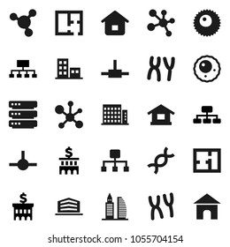 Flat vector icon set - molecule vector, bank building, hierarchy, dna, chromosomes, ovule, connect, big data, plan, apartments, office, home