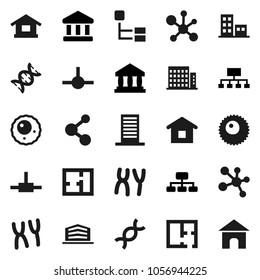 Flat vector icon set - molecule vector, bank, hierarchy, dna, chromosomes, ovule, connect, plan, apartments, office building, home