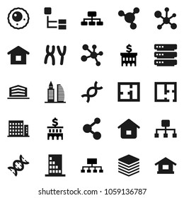 Flat vector icon set - molecule vector, bank building, hierarchy, dna, chromosomes, ovule, big data, plan, apartments, office, home