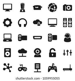 Flat vector icon set - molecule vector, gamepad, settings, video camera, headphones, monitor, speaker, hdmi, connection, cloud network, lock, gear, document, unlock, support, blender, web, router