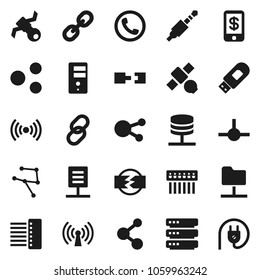 Flat vector icon set - molecule vector, satellite, social media, link, jack, connect, network, folder, server, big data, hub, usb modem, share, connection, document, disconnection, wireless, phone