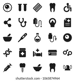 Flat vector icon set - molecule vector, disabled, thermometer, flask, vial, gender sign, dna, syringe, stethoscope, pills bottle, blister, mortar, anamnesis, hospital bed, building, tomography
