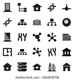 Flat vector icon set - molecule vector, bank, hierarchy, dna, chromosomes, ovule, connect, big data, plan, apartments, office building, home