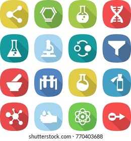 flat vector icon set - molecule vector, hex, round flask, dna, microscope, quantum bond, funnel, mortar, test vial, potion bottle, virus, acid, atom, electron