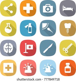 flat vector icon set - molecule vector, medical cross, doctor case, hospital bed, flask, potion bottle, sperm, tooth implant, brain, flag, scalpel, surgical clamp, first aid, alarm, siren, pills