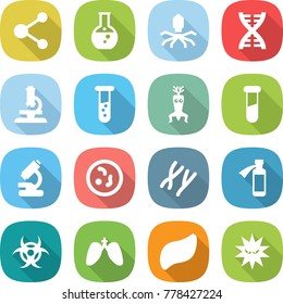 flat vector icon set - molecule vector, round flask, virus, dna, microscope, vial, modify, test, microbe, chromosomes, potion bottle, biohazard, lungs, liver