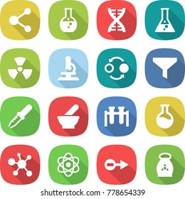 flat vector icon set - molecule vector, round flask, dna, nuclear, microscope, quantum bond, funnel, pipette, mortar, test vial, virus, atom, electron, fertilizer