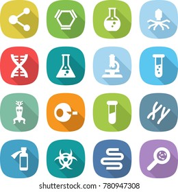 flat vector icon set - molecule vector, hex, round flask, virus, dna, microscope, vial, modify, artificial insemination, test, chromosomes, potion bottle, biohazard, intestines, viruses