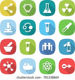 flat vector icon set - molecule vector, hex, flask, nuclear, microscope, quantum bond, vial, pipette, mortar, test, potion bottle, virus, acid, atom, electron