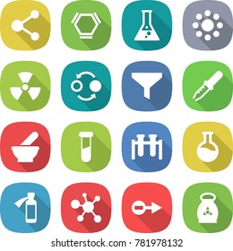 flat vector icon set - molecule vector, hex, flask, round around, nuclear, quantum bond, funnel, pipette, mortar, test vial, potion bottle, virus, electron, fertilizer