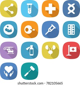 flat vector icon set - molecule vector, vial, medical cross, dna, pregnancy, artificial insemination, crutch, pills blister, ambulance helicopter, potion bottle, kidneys, flag, health care