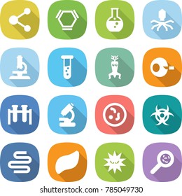 flat vector icon set - molecule vector, hex, round flask, virus, microscope, vial, dna modify, artificial insemination, test, microbe, biohazard, intestines, liver, viruses