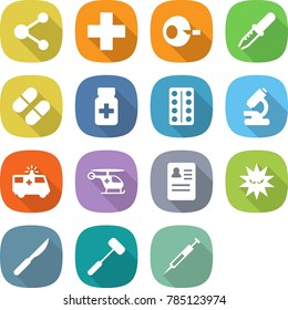 flat vector icon set - molecule vector, medical cross, artificial insemination, pipette, pill, pills bottle, blister, microscope, ambulance car, helicopter, anamnesis, virus, scalpel, doctors hammer
