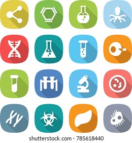 flat vector icon set - molecule vector, hex, round flask, virus, dna, vial, artificial insemination, test, microscope, microbe, chromosomes, biohazard, liver, microb