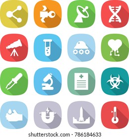 flat vector icon set - molecule vector, satellite, antenna, dna, telescope, vial, lunar rover, cardio chip, pipette, microscope, recipe, biohazard, acid, electric magnet, rocket start, thermometer