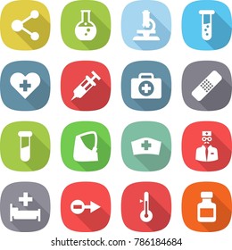 flat vector icon set - molecule vector, round flask, microscope, vial, heart cross, syringe, doctor case, medical patch, test, broken hand, hat, hospital, electron, thermometer, pills bottle