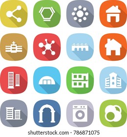 flat vector icon set - molecule vector, hex, round around, home, hospital, virus, bridge, skyscrapers, hangare, modular house, building, district, arch, washing machine, atom core