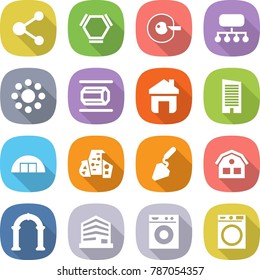 flat vector icon set - molecule vector, hex, cell corection, structure, round around, nano tube, home, skyscraper, hangare, modern architecture, construction, house, arch, office, washing machine