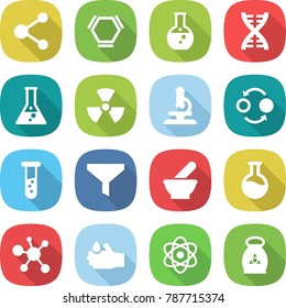 flat vector icon set - molecule vector, hex, round flask, dna, nuclear, microscope, quantum bond, vial, funnel, mortar, virus, acid, atom, fertilizer