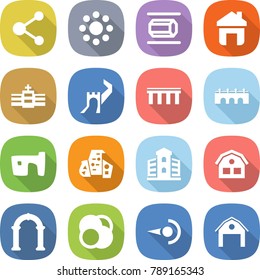 flat vector icon set - molecule vector, round around, nano tube, home, hospital, greate wall, bridge, slum, modern architecture, building, house, arch, atom core, photon, barn